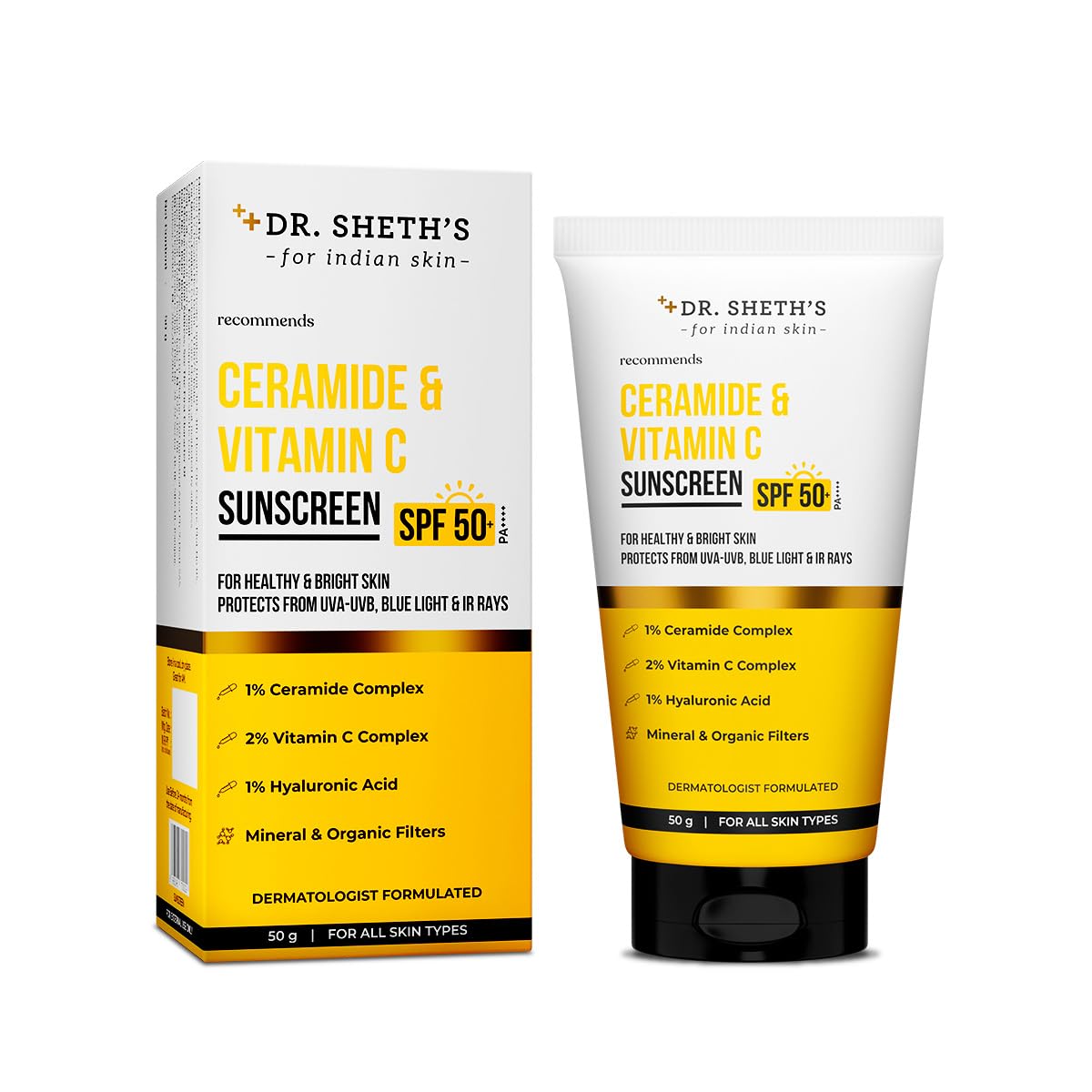Dr. Sheth's Ceramide & Vitamin C Sunscreen | SPF 50+ Pa+++ | In-Vivo Tested | For Bright Skin & Healthy Glow | Non-Greasy, Quick-Absorbing, No White Cast | UVA/B & Bluelight Protection | For Men & Women | For All Skin Type | 50 g